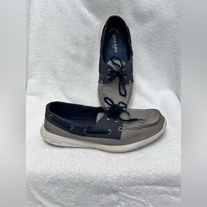 Mens Sperry 2 Eyelet Boat Shoe 11.5 Med Wid Canvas Gray/Blue/ White Memory Foam